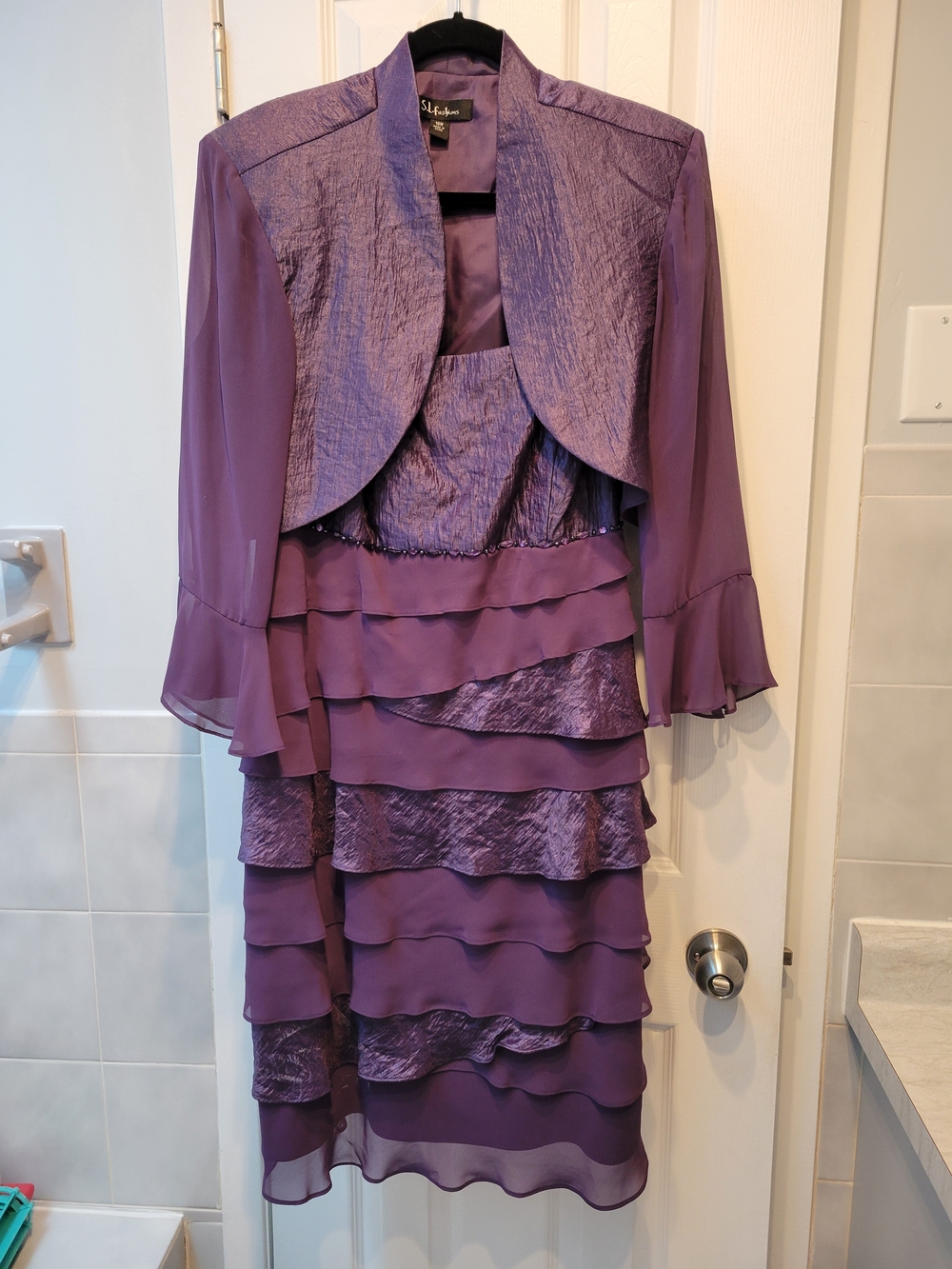 S.L. Fashions Purple Layered Chiffon & Satin Cocktail Dress with Jacket